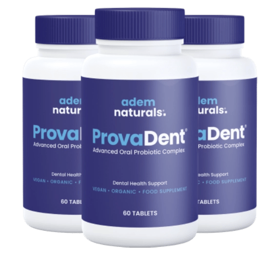 ProvaDent oral probiotic supplement bottle and tablets