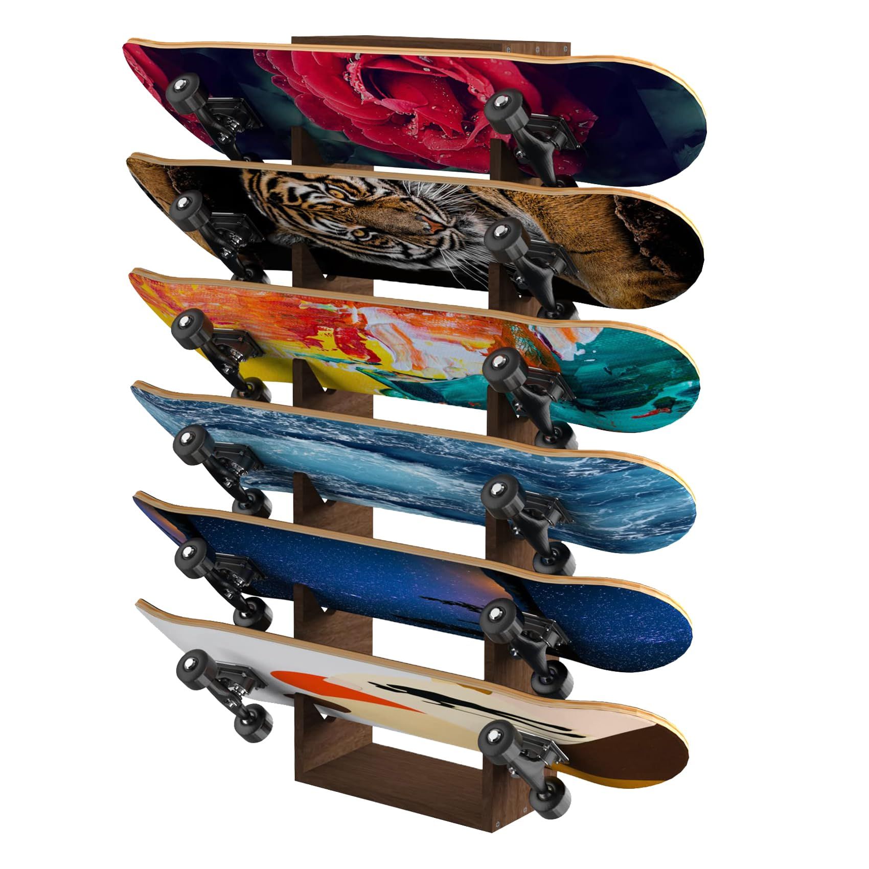 Multi-tier wooden skateboard wall rack displaying collection vertically