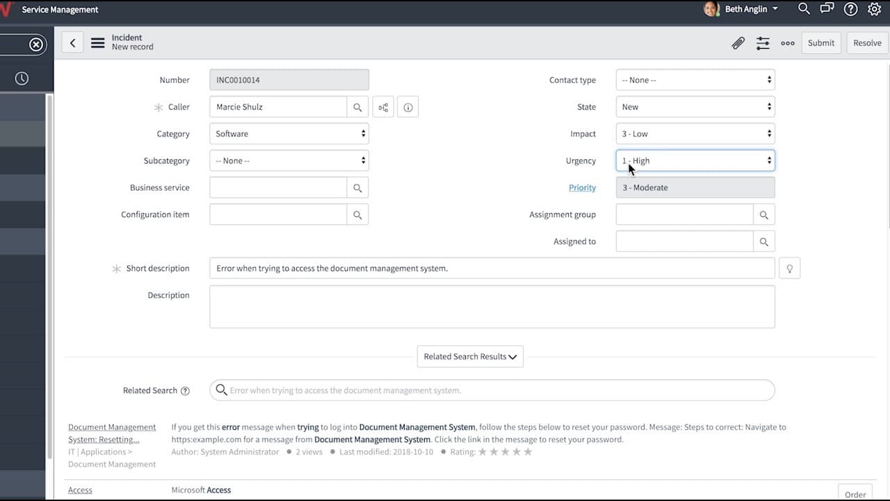 ServiceNowのフォーム画面の例。単一レコードを表示して項目や関連リストを確認できる画面イメージ