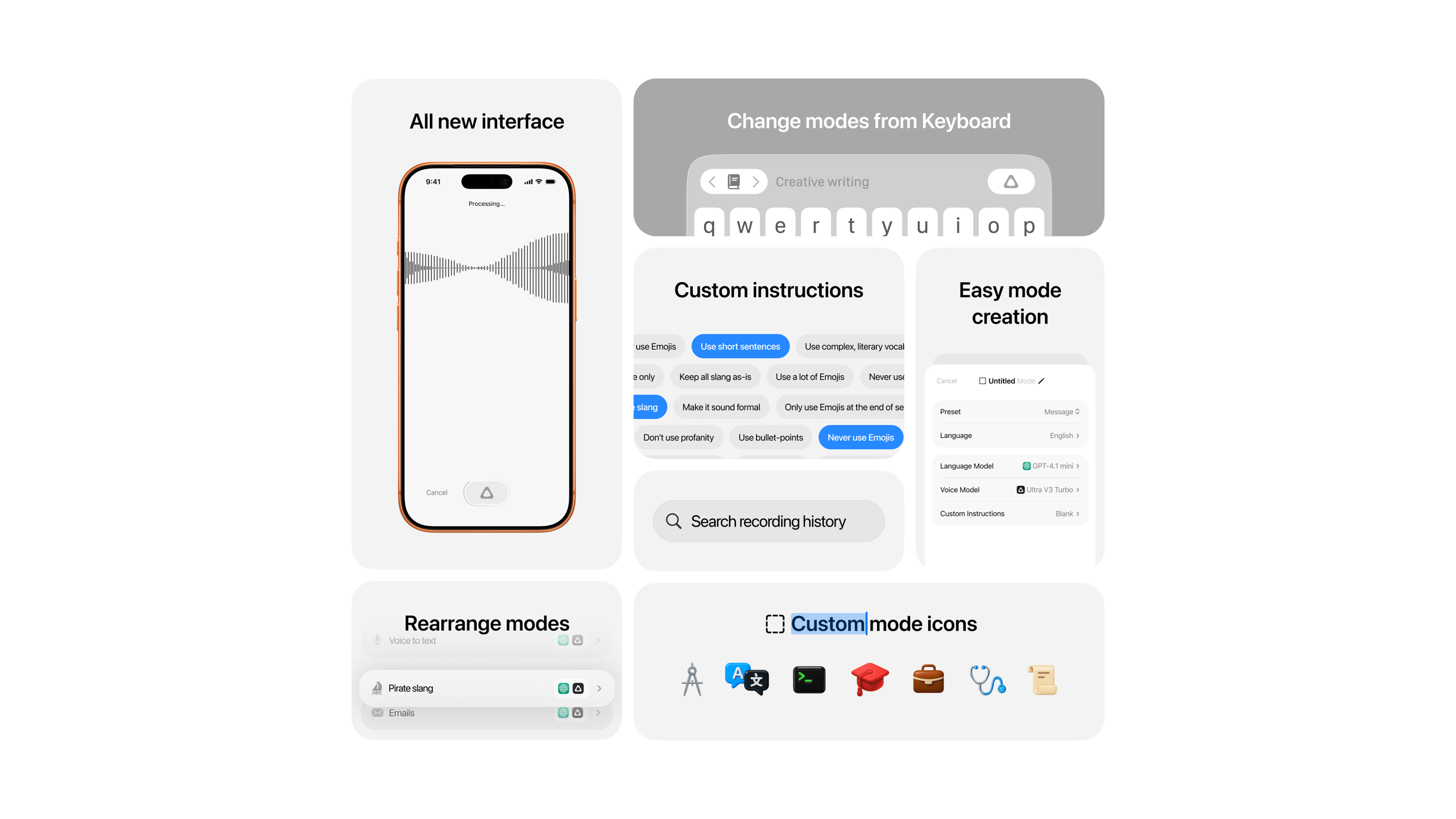 SuperWhisper mostrando la característica de adaptación de tono en diferentes contextos: formal, casual y legal